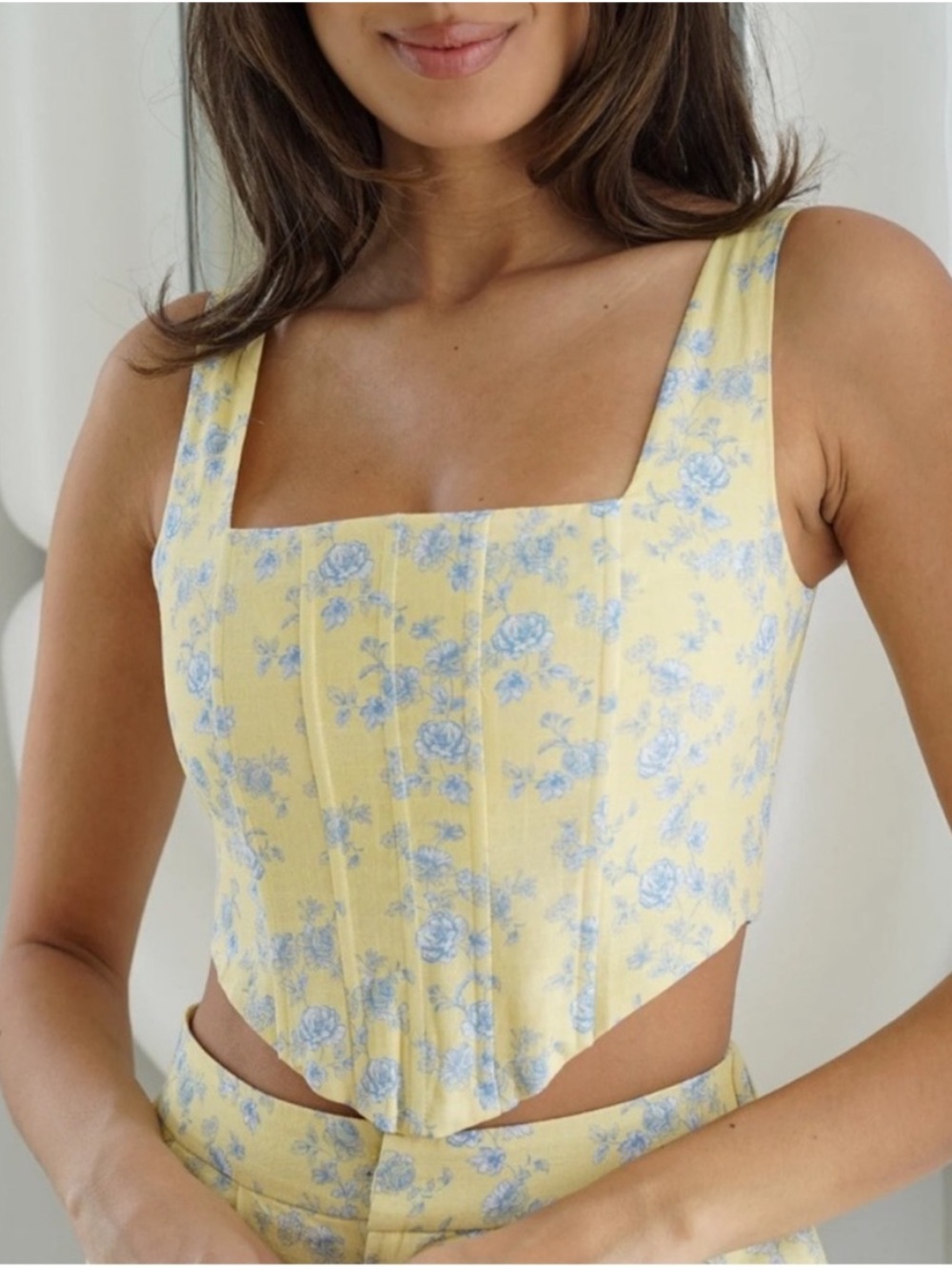 Yllw the label Andie yellow & blue floral linen corset top coquette cottagecore